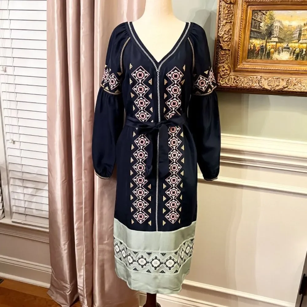 $450 NWT Tory Burch Katya Navy Green Embroidered Tunic Style Midi Dress Size 0